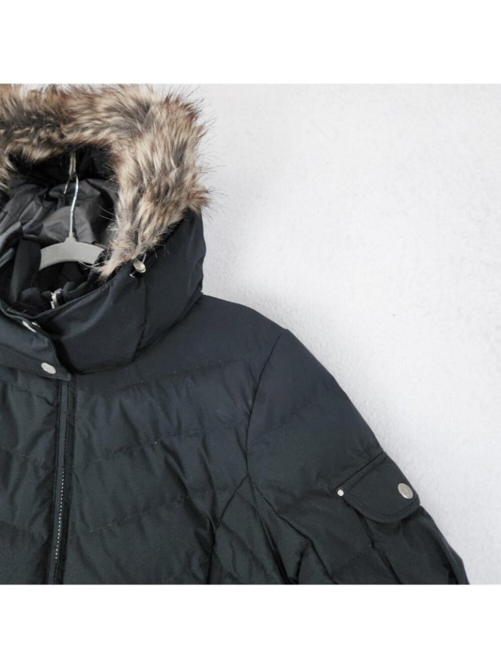 Eddie Bauer Coat Womens XL Petite Black Down Puffer Hooded Faux Fur Long Parka - Picture 2 of 16